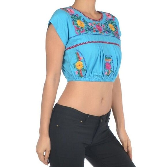 Turquoise Top S Embroidered BOHO Hippie Festival Bohemian Peasant Romantic Crop - Picture 1 of 3